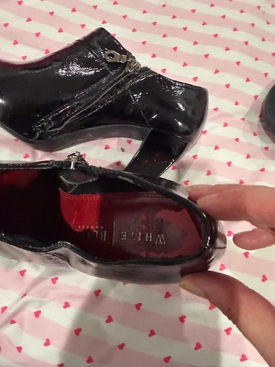 White House Black Market Black Patent Leather High Block Heel Booties - Picture 4 of 6